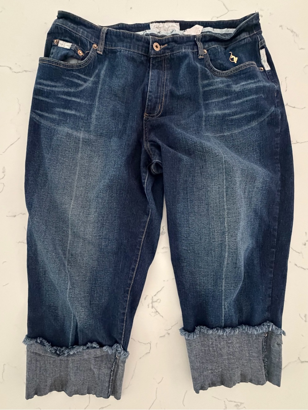 Baby Phat Vintage Y2K Dark Wash Cropped Jeans Gold Cat Logo McBling Size 18